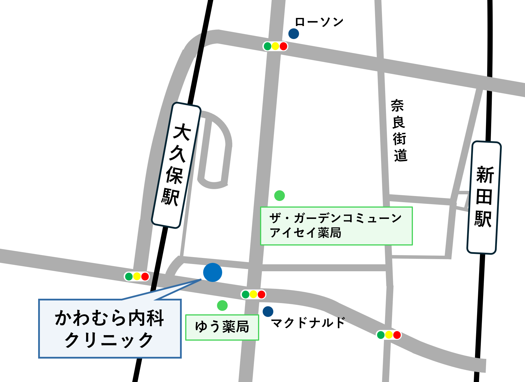 かわむら内科クリニックの略図と近隣の調剤薬局のマップ